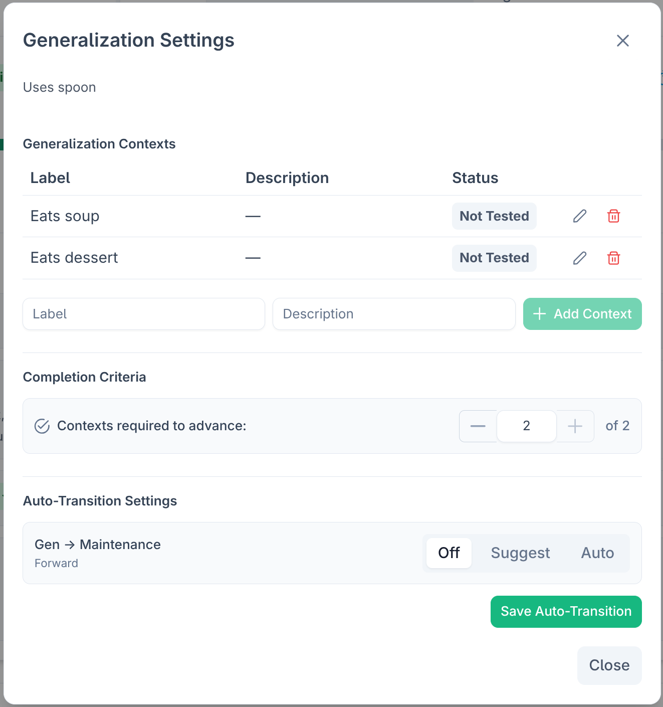 Generalization context configuration