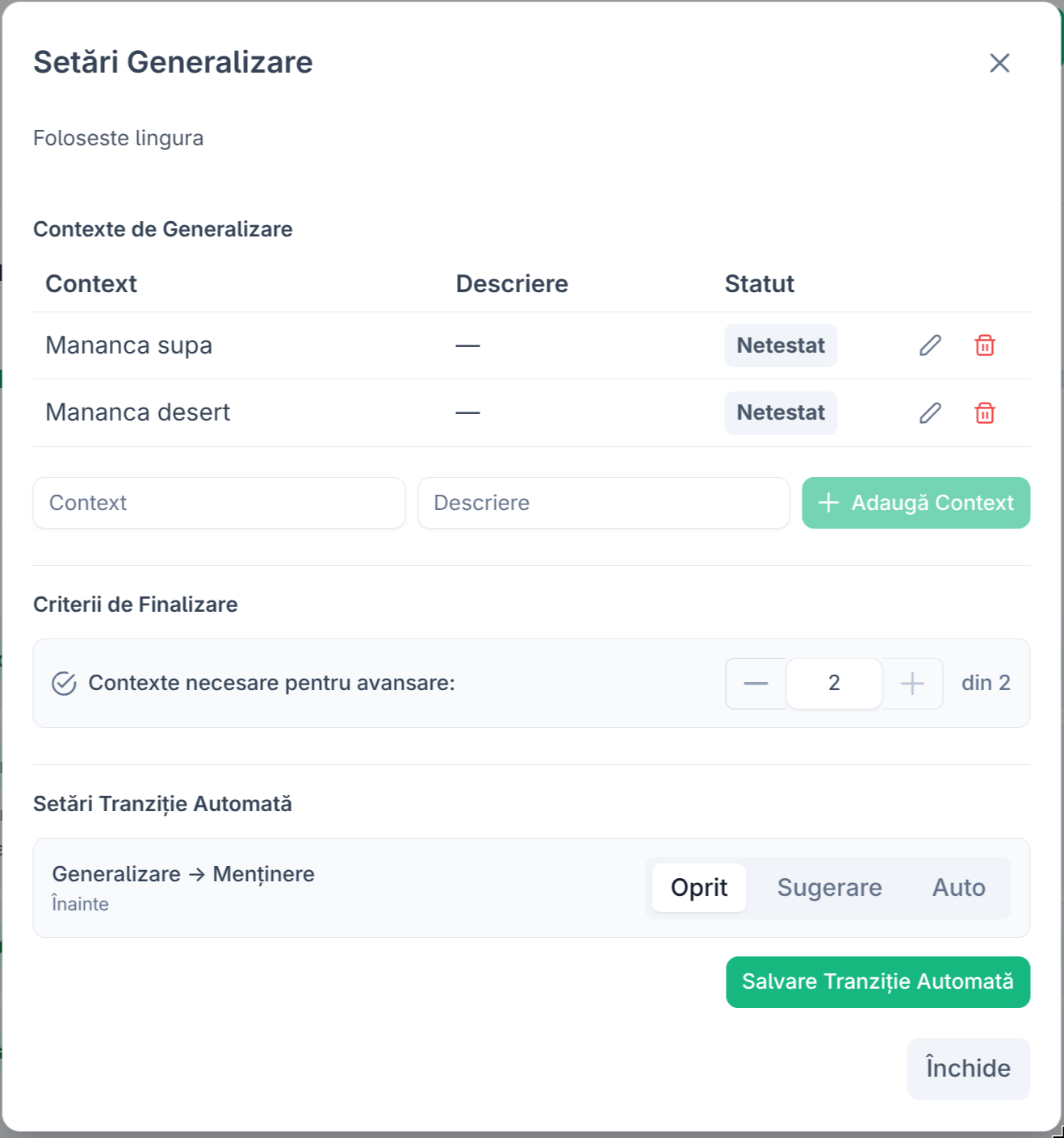 Configurarea contextelor de generalizare
