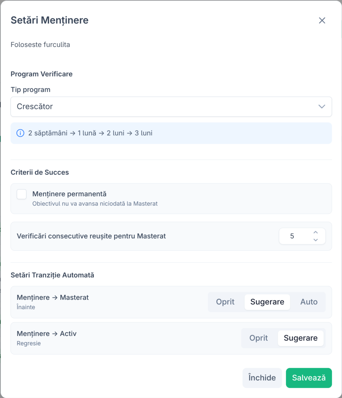 Configurarea programării testelor de menținere