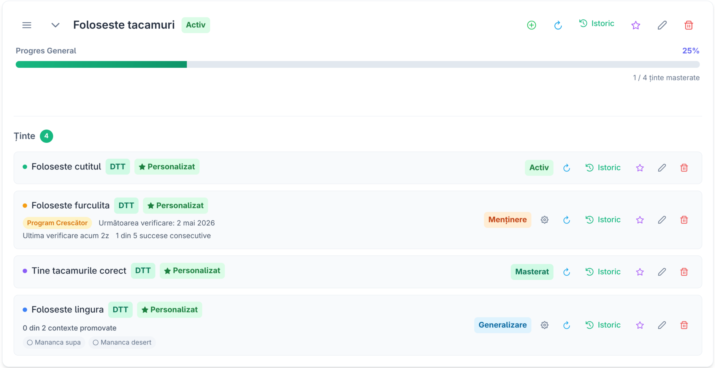 Statusurile obiectivelor în planul de intervenție
